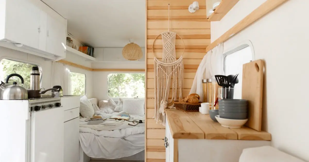 Travel Trailer interior decor in white and wood