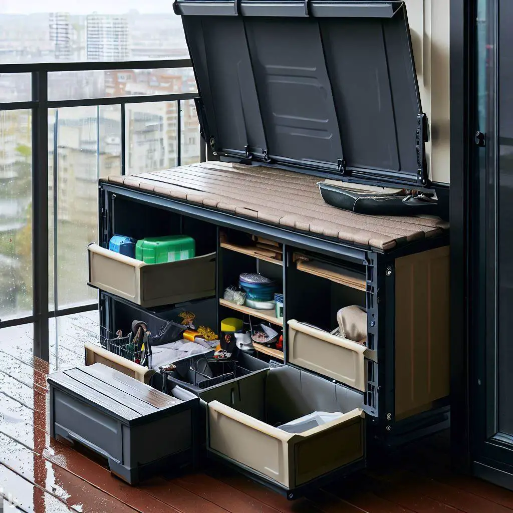 A balcony with a weatherproof storage bench. The bench is open, revealing neatly organized boxes and tools.