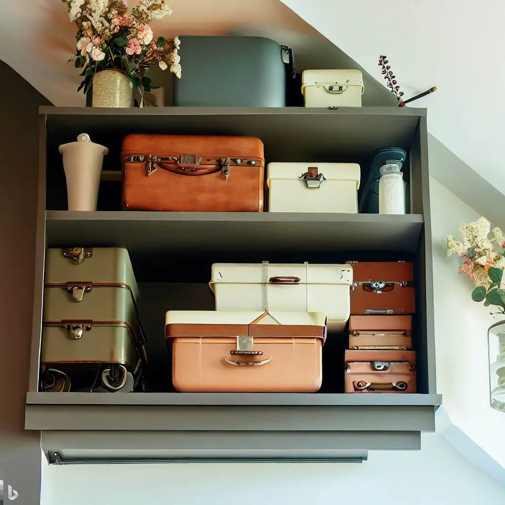 A high shelf along the ceiling, holding neatly stacked modern luggage and boxes. The top of a tall bookshelf is used for storing decorative items, flowers storage boxes.