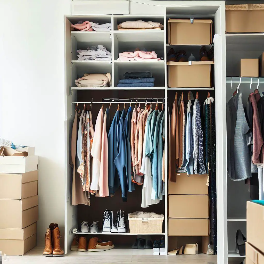 A well-organized closet showing neatly arranged clothes, boxes on shelves, hanging organizers, and an over-the-door shoe rack
