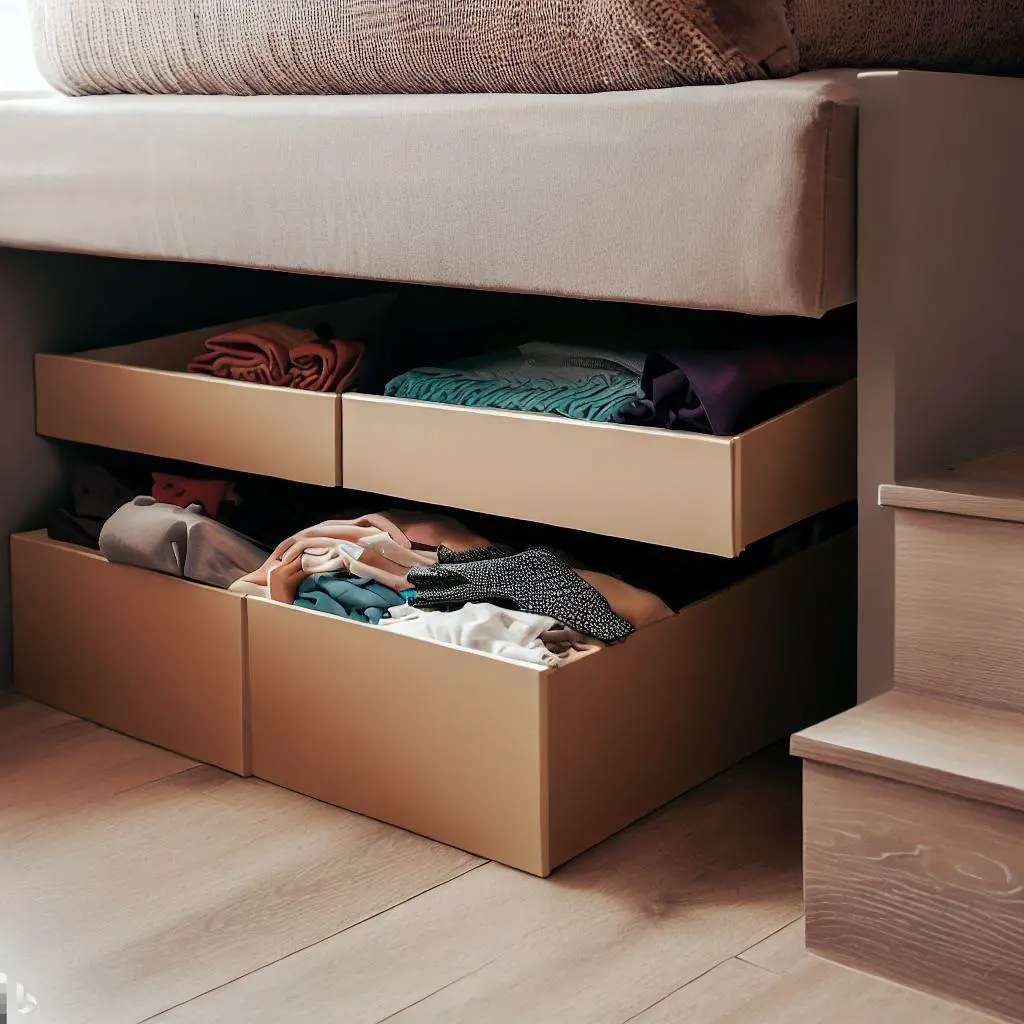 Image of under-bed storage boxes filled with clothing. A floating corner shelf holds decorative items. The bottom of a staircase reveals hidden drawers.